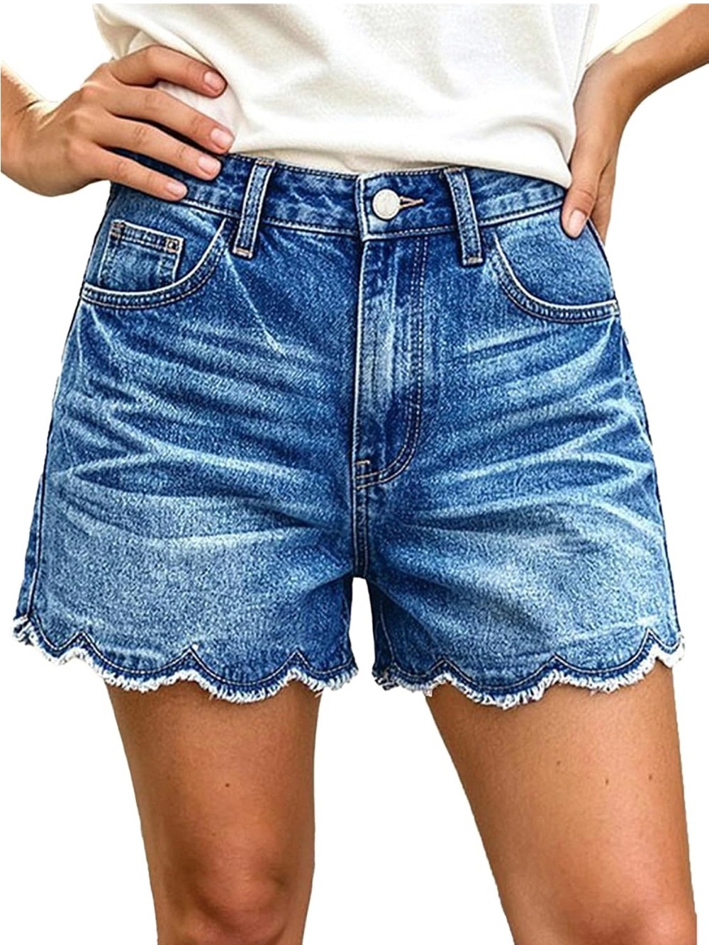 Flamingas Mid-Rise Denim Mid Thigh Wash Scallop Trim Shorts